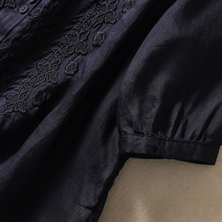 Camisa de lino y algodón con solapa y manga tres cuartos para mujer, con estampado floral, bordado y botones lisos de Buddha Stones - image 30