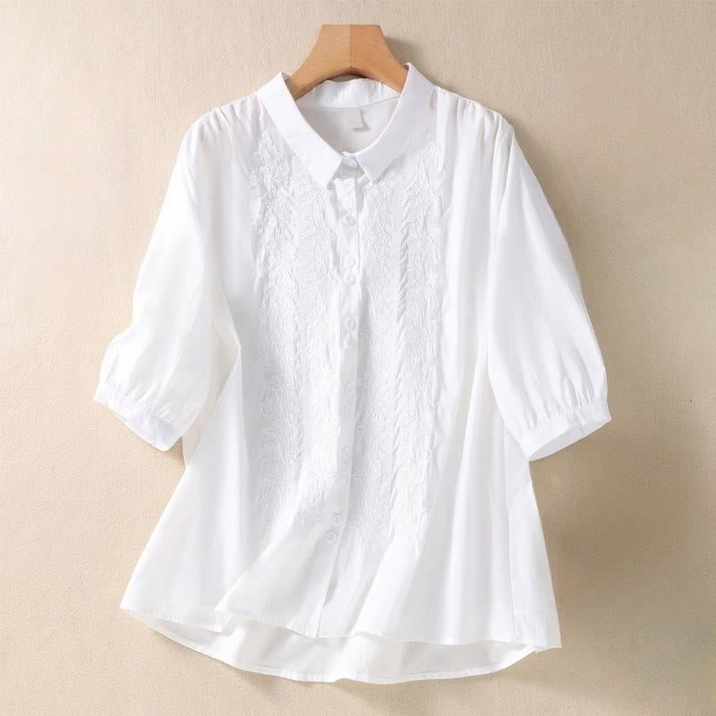 Camisa de lino y algodón con solapa y manga tres cuartos para mujer, con estampado floral, bordado y botones lisos de Buddha Stones - Blanco - US12, UK/AU16, EU44 (2XL) - image 5