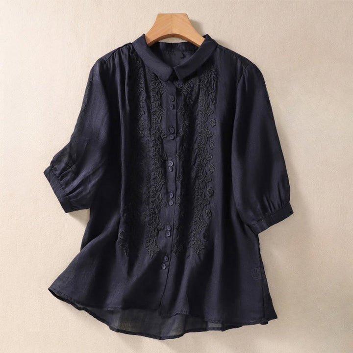 Camisa de lino y algodón con solapa y manga tres cuartos para mujer, con estampado floral, bordado y botones lisos de Buddha Stones - Negro - US12, UK/AU16, EU44 (2XL) - image 26