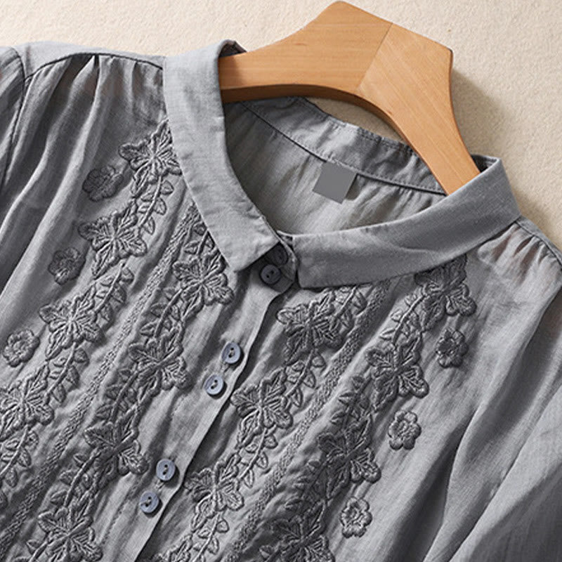 Camisa de lino y algodón con solapa y manga tres cuartos para mujer, con estampado floral, bordado y botones lisos de Buddha Stones - image 15