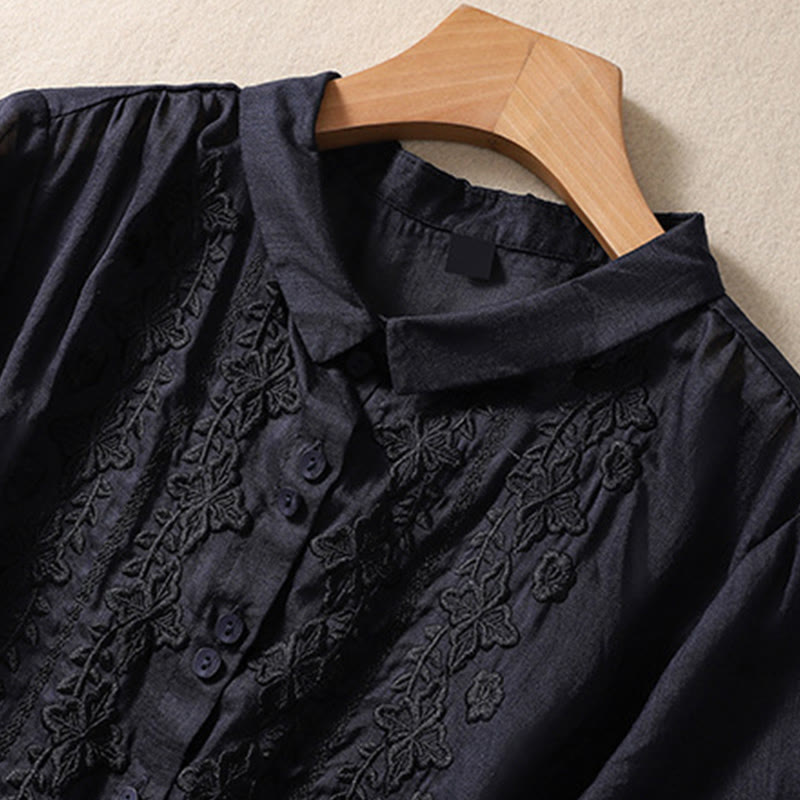 Camisa de lino y algodón con solapa y manga tres cuartos para mujer, con estampado floral, bordado y botones lisos de Buddha Stones - image 28