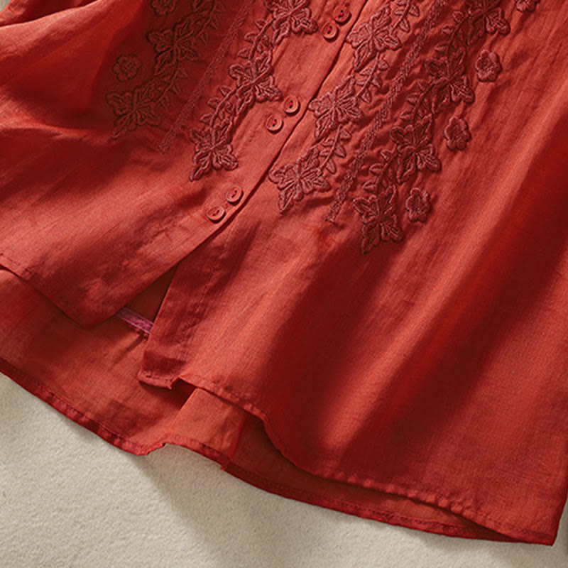 Camisa de lino y algodón con solapa y manga tres cuartos para mujer, con estampado floral, bordado y botones lisos de Buddha Stones - image 25