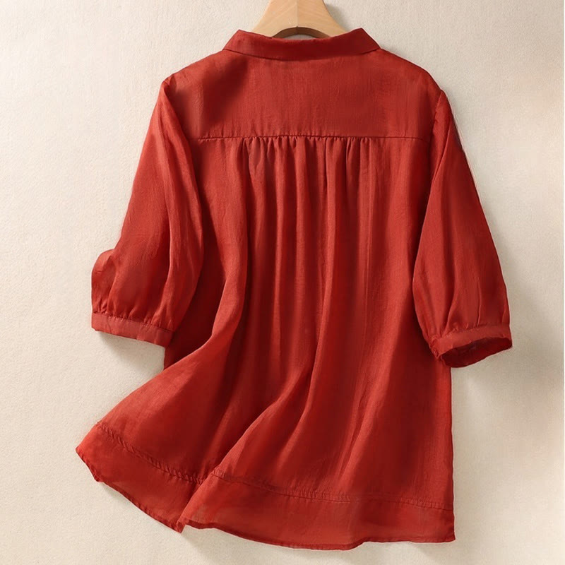 Camisa de lino y algodón con solapa y manga tres cuartos para mujer, con estampado floral, bordado y botones lisos de Buddha Stones - image 20