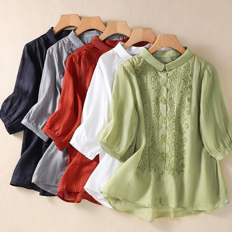 Camisa de lino y algodón con solapa y manga tres cuartos para mujer, con estampado floral, bordado y botones lisos de Buddha Stones - image 32