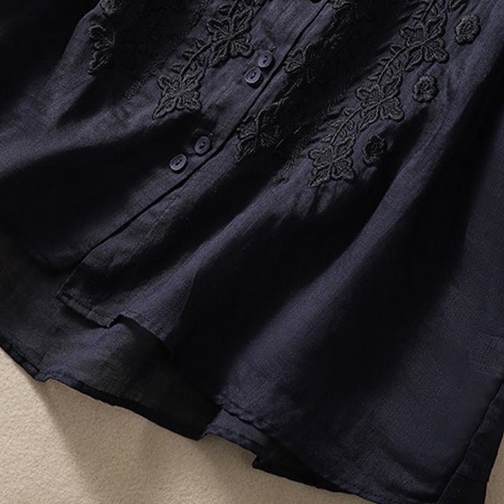 Camisa de lino y algodón con solapa y manga tres cuartos para mujer, con estampado floral, bordado y botones lisos de Buddha Stones - image 31