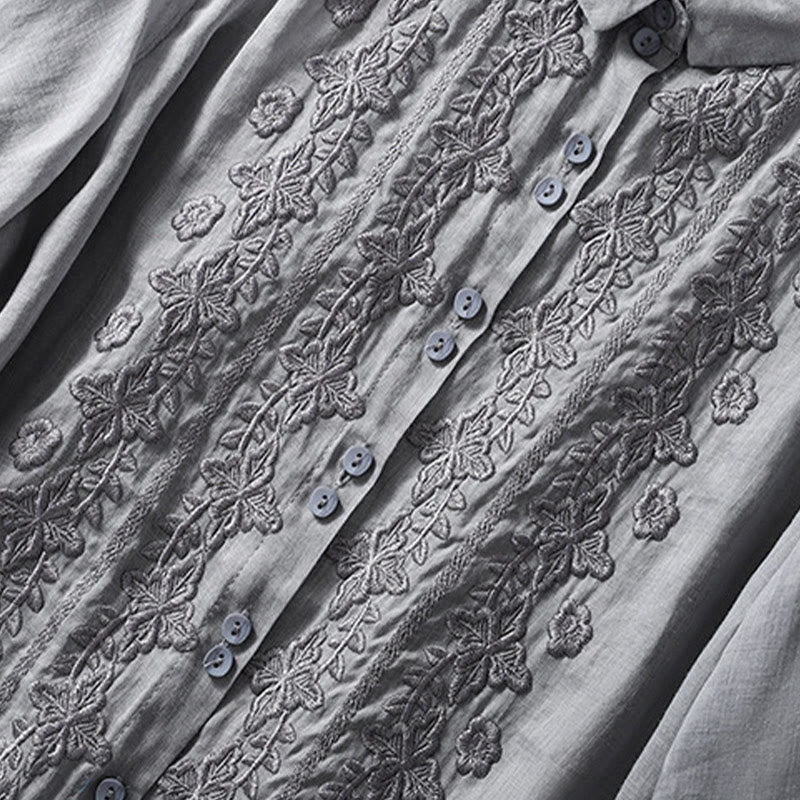 Camisa de lino y algodón con solapa y manga tres cuartos para mujer, con estampado floral, bordado y botones lisos de Buddha Stones - image 16