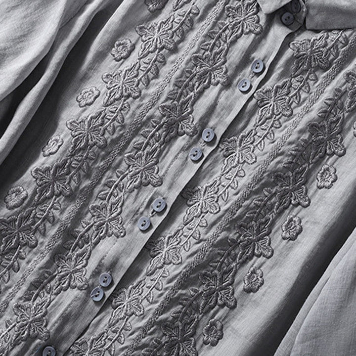 Camisa de lino y algodón con solapa y manga tres cuartos para mujer, con estampado floral, bordado y botones lisos de Buddha Stones - image 16