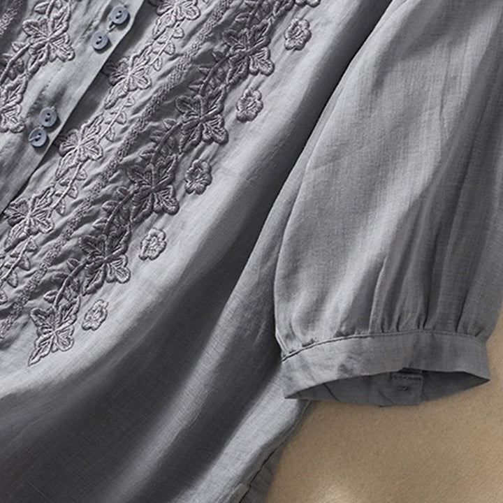 Camisa de lino y algodón con solapa y manga tres cuartos para mujer, con estampado floral, bordado y botones lisos de Buddha Stones - image 17