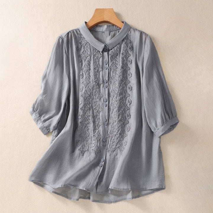 Camisa de lino y algodón con solapa y manga tres cuartos para mujer, con estampado floral, bordado y botones lisos de Buddha Stones - Gris oscuro - US12, UK/AU16, EU44 (2XL) - image 13