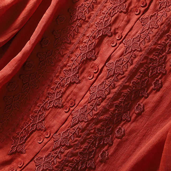 Camisa de lino y algodón con solapa y manga tres cuartos para mujer, con estampado floral, bordado y botones lisos de Buddha Stones - image 23