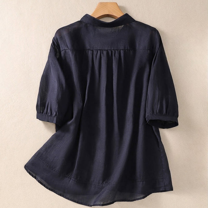 Camisa de lino y algodón con solapa y manga tres cuartos para mujer, con estampado floral, bordado y botones lisos de Buddha Stones - image 27