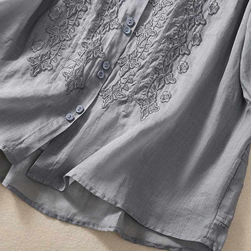 Camisa de lino y algodón con solapa y manga tres cuartos para mujer, con estampado floral, bordado y botones lisos de Buddha Stones - image 18