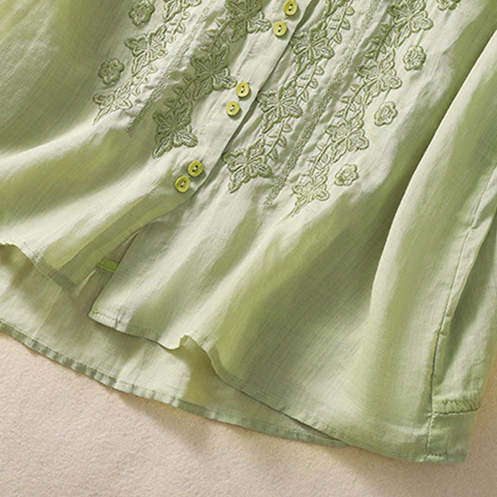 Camisa de lino y algodón con solapa y manga tres cuartos para mujer, con estampado floral, bordado y botones lisos de Buddha Stones - image 4