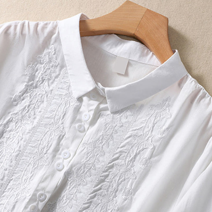 Camisa de lino y algodón con solapa y manga tres cuartos para mujer, con estampado floral, bordado y botones lisos de Buddha Stones - image 7