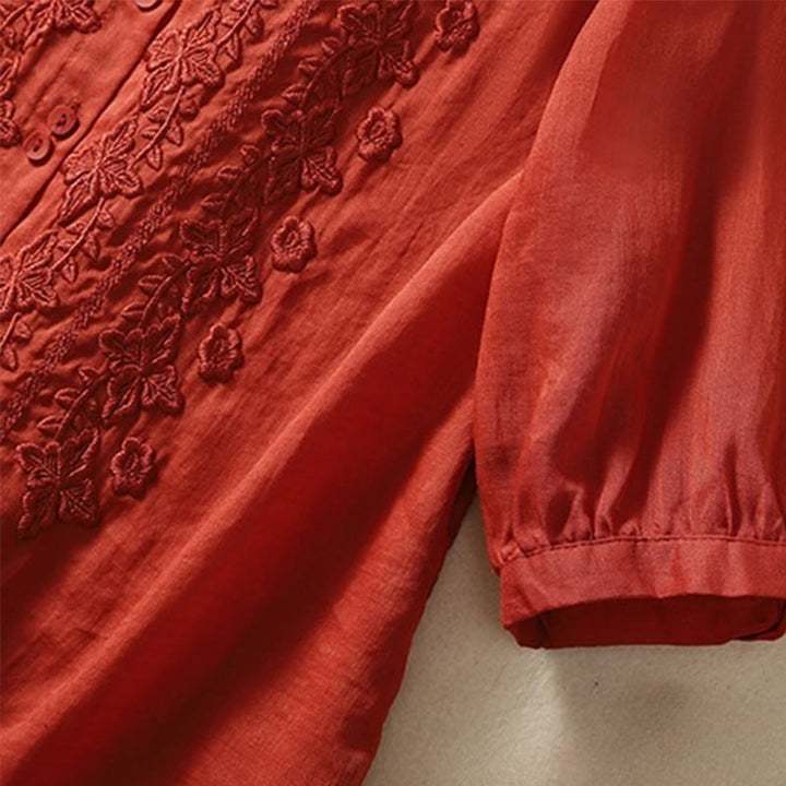 Camisa de lino y algodón con solapa y manga tres cuartos para mujer, con estampado floral, bordado y botones lisos de Buddha Stones - image 24