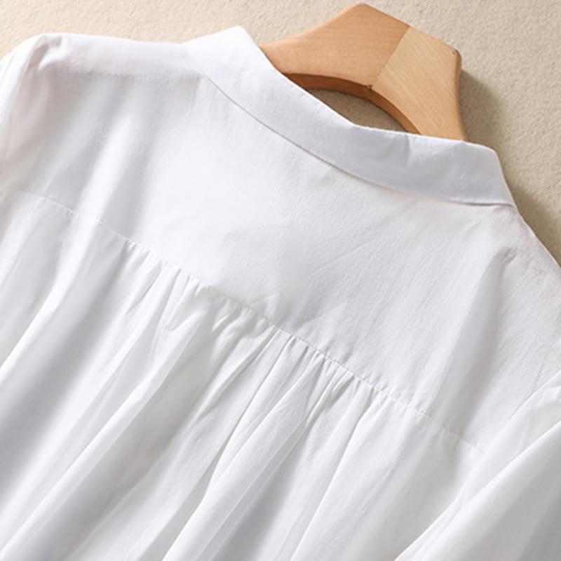 Camisa de lino y algodón con solapa y manga tres cuartos para mujer, con estampado floral, bordado y botones lisos de Buddha Stones - image 8