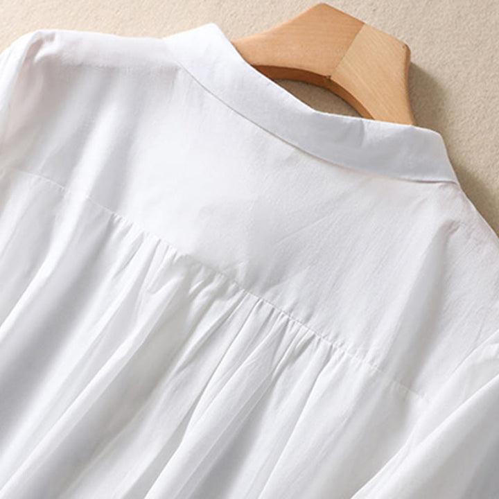 Camisa de lino y algodón con solapa y manga tres cuartos para mujer, con estampado floral, bordado y botones lisos de Buddha Stones - image 8