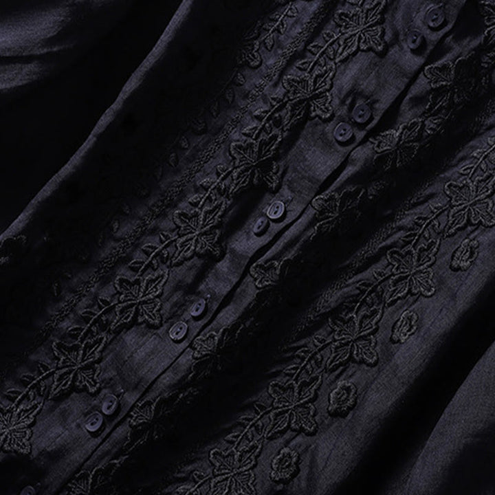 Camisa de lino y algodón con solapa y manga tres cuartos para mujer, con estampado floral, bordado y botones lisos de Buddha Stones - image 29