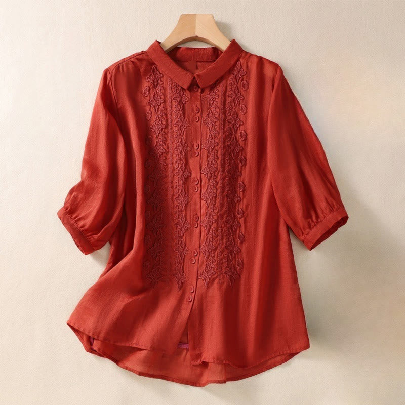 Camisa de lino y algodón con solapa y manga tres cuartos para mujer, con estampado floral, bordado y botones lisos de Buddha Stones - Rojo - US12, UK/AU16, EU44 (2XL) - image 19