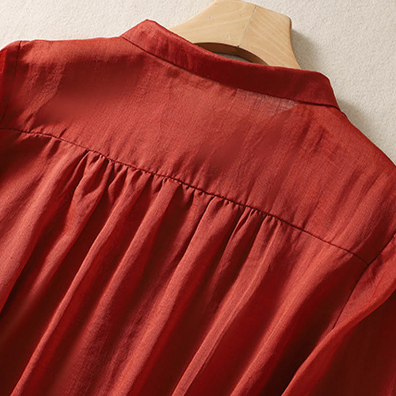 Camisa de lino y algodón con solapa y manga tres cuartos para mujer, con estampado floral, bordado y botones lisos de Buddha Stones - image 22