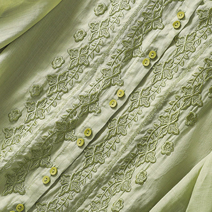 Camisa de lino y algodón con solapa y manga tres cuartos para mujer, con estampado floral, bordado y botones lisos de Buddha Stones - image 3