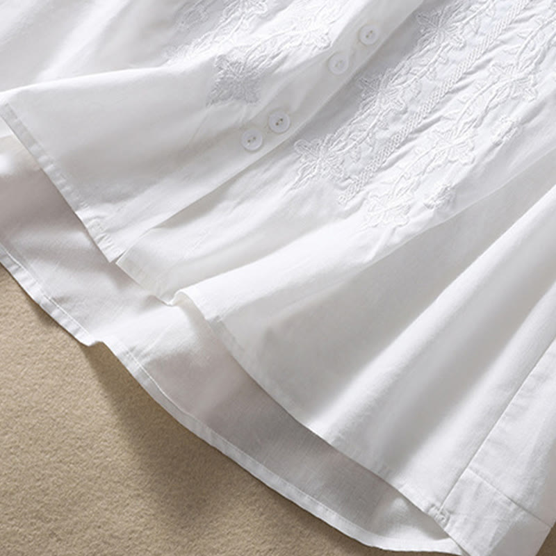 Camisa de lino y algodón con solapa y manga tres cuartos para mujer, con estampado floral, bordado y botones lisos de Buddha Stones - image 12