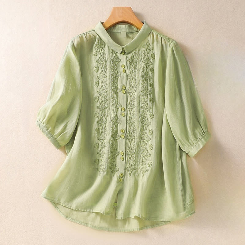 Camisa de lino y algodón con solapa y manga tres cuartos para mujer, con estampado floral, bordado y botones lisos de Buddha Stones - Verde pálido - US12, UK/AU16, EU44 (2XL) - image 0