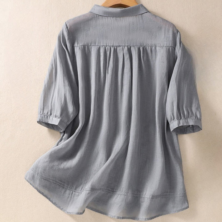 Camisa de lino y algodón con solapa y manga tres cuartos para mujer, con estampado floral, bordado y botones lisos de Buddha Stones - image 14