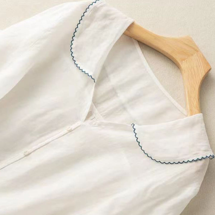 Camisa informal de mujer con cuello alto, manga corta y botones lisos de Buddha Stones - image 19