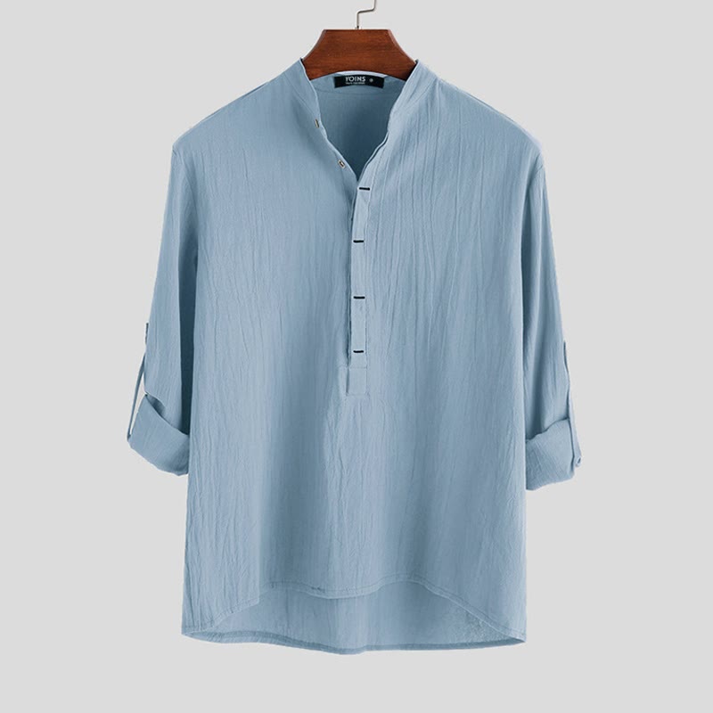 Camisa de manga larga de algodón para hombre con Buddha Stones, color liso y hasta medio botón. - Azul cielo claro - US/UK/AU42, EU52 (3XL) - image 3
