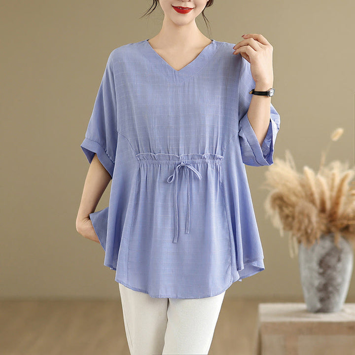 Camiseta casual de mujer con media manga y medio botón en color liso con Buddha Stones - Azul aciano - US12, UK/AU16, EU44 (2XL) - image 0