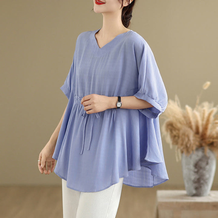 Camiseta casual de mujer con media manga y medio botón en color liso con Buddha Stones - image 3