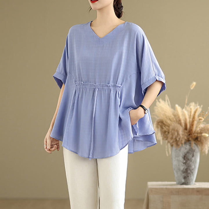 Camiseta casual de mujer con media manga y medio botón en color liso con Buddha Stones - image 2