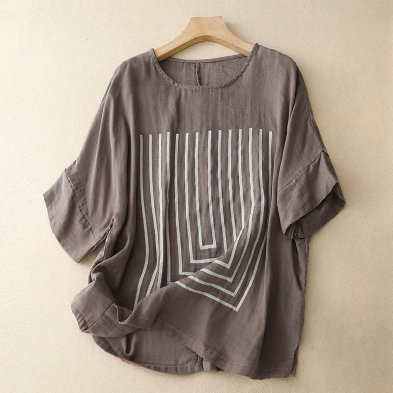 Buddha Stones Camiseta de lino y algodón de manga corta con estampado de líneas informales para mujer - Marrón rosado - US12, UK/AU16, EU44 (2XL) - image 17