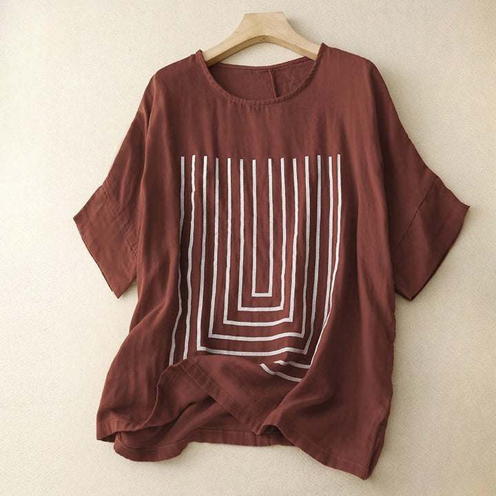 Buddha Stones Camiseta de lino y algodón de manga corta con estampado de líneas informales para mujer - Granate - US12, UK/AU16, EU44 (2XL) - image 7
