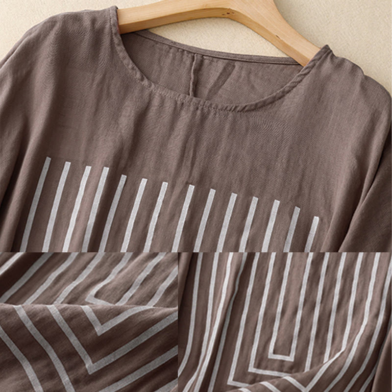 Buddha Stones Camiseta de lino y algodón de manga corta con estampado de líneas informales para mujer - image 18