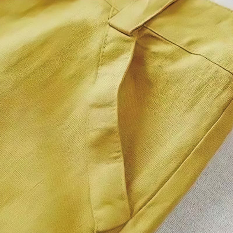 Pantalones anchos de lino y algodón de cintura alta para mujer, estilo retro, con bolsillos y estampados de Buddha Stones