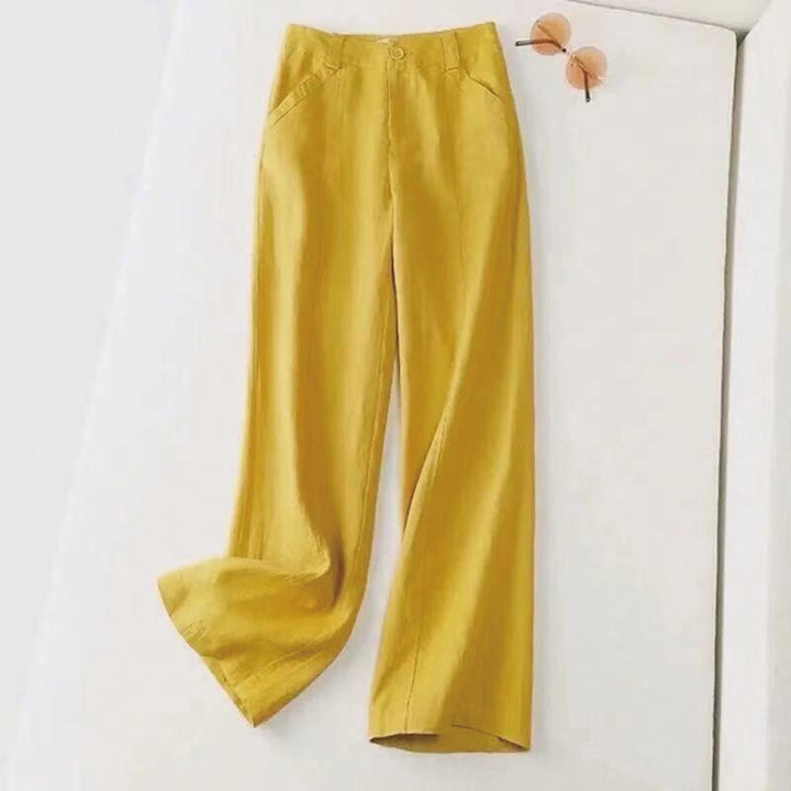 Pantalones anchos de lino y algodón de cintura alta para mujer, estilo retro, con bolsillos y estampados de Buddha Stones