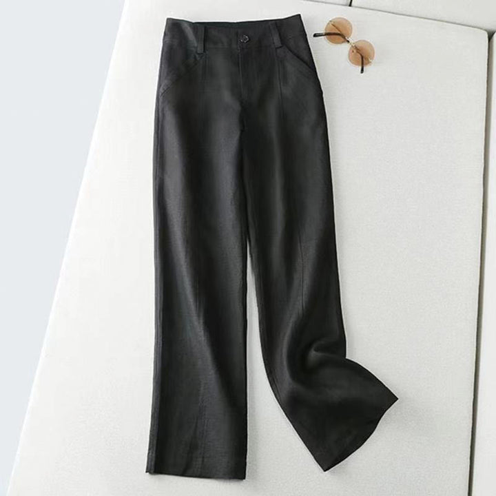 Pantalones anchos de lino y algodón de cintura alta para mujer, estilo retro, con bolsillos y estampados de Buddha Stones