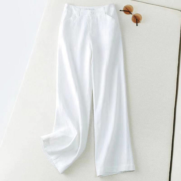 Pantalones anchos de lino y algodón de cintura alta para mujer, estilo retro, con bolsillos y estampados de Buddha Stones