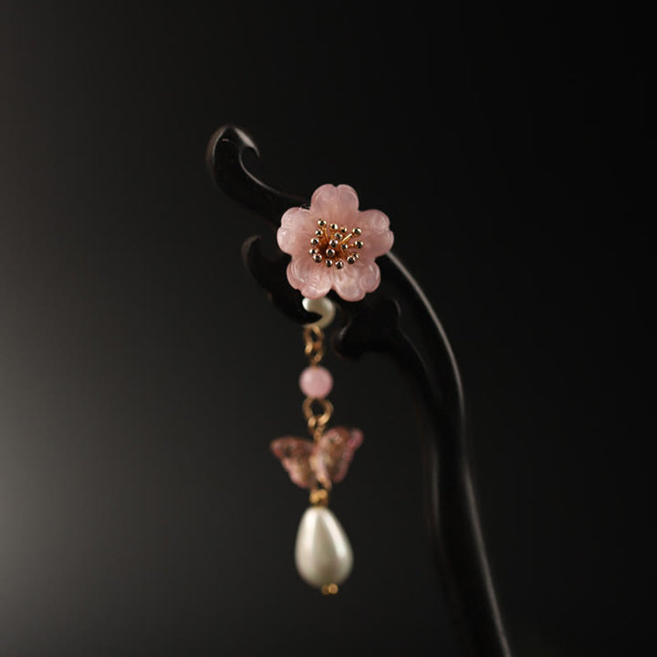 Horquilla con bendición de mariposa, flor de ébano y Buddha Stones