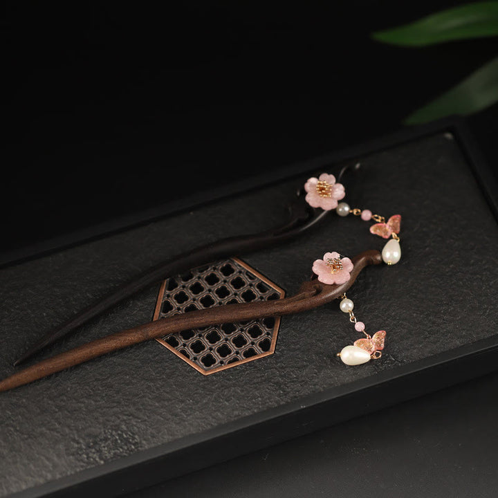 Horquilla con bendición de mariposa, flor de ébano y Buddha Stones