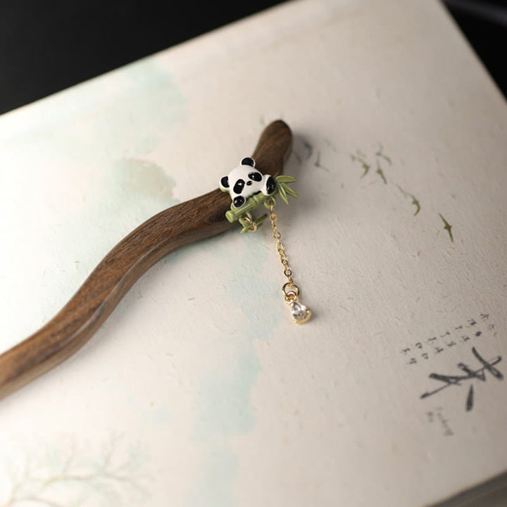 Horquilla con borla de bambú, panda y ébano con Buddha Stones