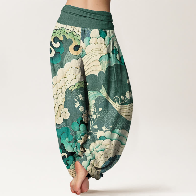 Pantalones bombachos de cintura elástica para mujer con estampado floral ondulado de algodón y Buddha Stones - image 1
