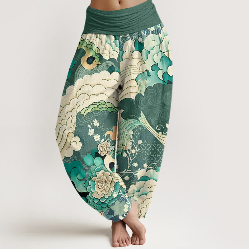 Pantalones bombachos de cintura elástica para mujer con estampado floral ondulado de algodón y Buddha Stones - Verdemar - US22，UK/AU26，EU54 (6XL) - image 0