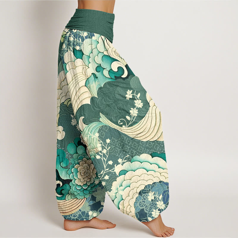 Pantalones bombachos de cintura elástica para mujer con estampado floral ondulado de algodón y Buddha Stones - image 2