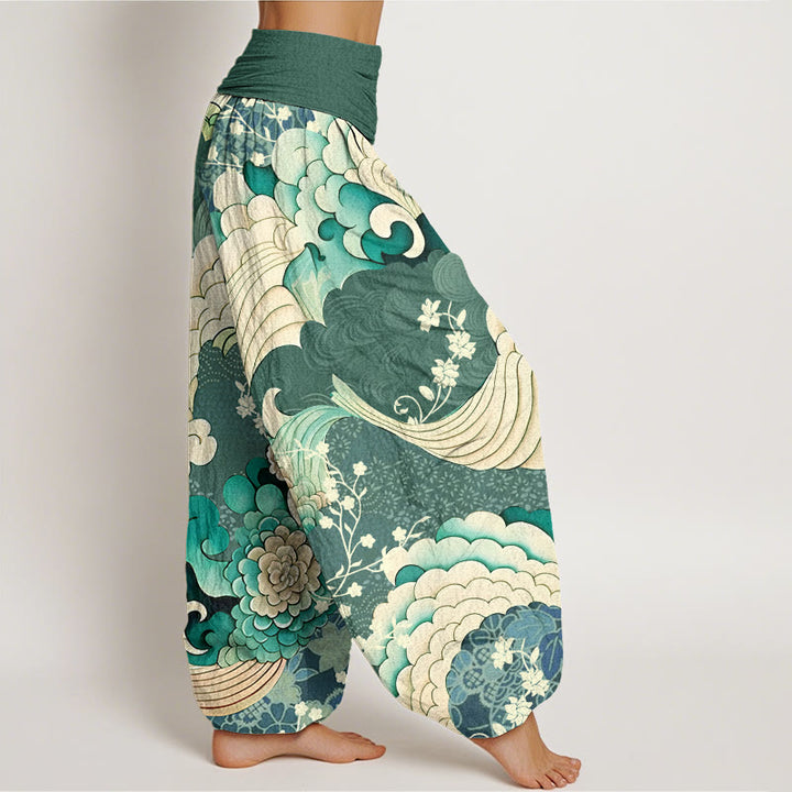 Pantalones bombachos de cintura elástica para mujer con estampado floral ondulado de algodón y Buddha Stones - image 2