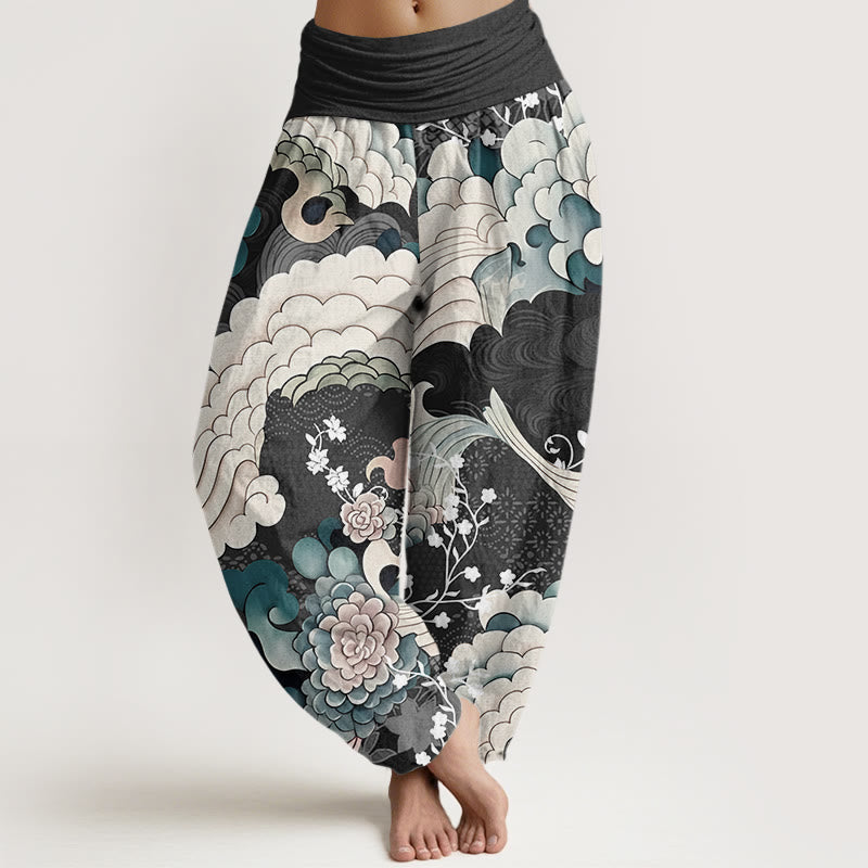 Pantalones bombachos de cintura elástica para mujer con estampado floral ondulado de algodón y Buddha Stones - Negro - US22，UK/AU26，EU54 (6XL) - image 4