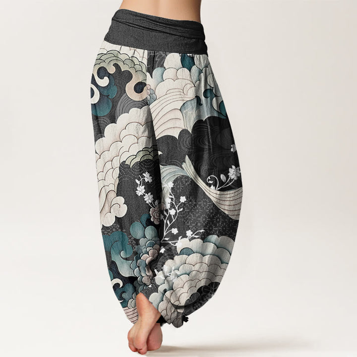Pantalones bombachos de cintura elástica para mujer con estampado floral ondulado de algodón y Buddha Stones - image 5