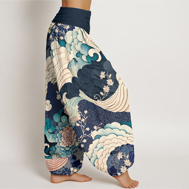 Pantalones bombachos de cintura elástica para mujer con estampado floral ondulado de algodón y Buddha Stones - image 9